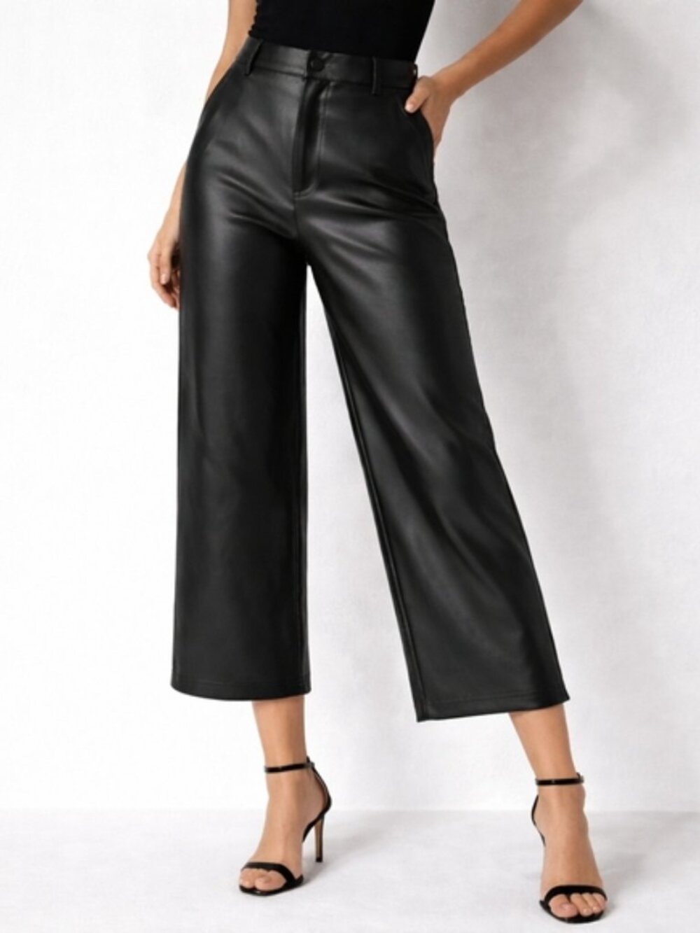 Bagatelle Collection Faux Leather Wide Leg Crop Trouser Black Size L NWT